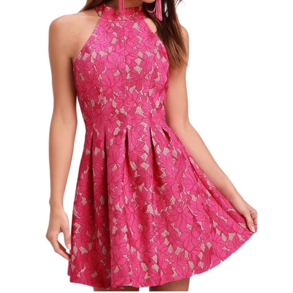 Lulus Seasons of Love Fuchsia Lace Halter Skater Dress Size XL - Picture 1 of 11